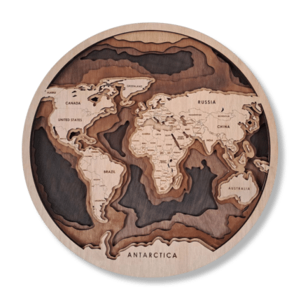 Round layered Wooden World Map wall art with engraved country borders and labels