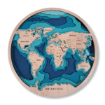 Round Wooden World Map wood wall art with layered blue ocean and engraved country names