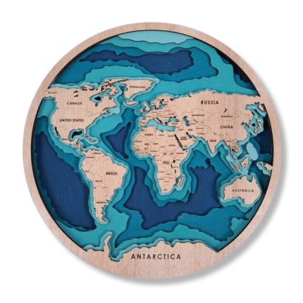 Round Wooden World Map wood wall art with layered blue ocean and engraved country names