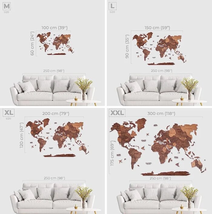 مقاسات خريطة العالم خشبية لتزيين الجدار مع أسماء الدول بالعربية