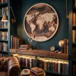 Wooden World Map wall art above a bookshelf in a cozy study with leather chair, globe and vintage decor