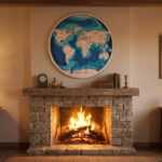 Wooden World Map round wall art above a lit stone fireplace in a warm rustic living room