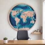 Wooden World Map round layered wood wall art above a desk in a modern home office