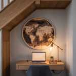 Wooden World Map round wood wall art above a desk in a cozy under-stair workspace