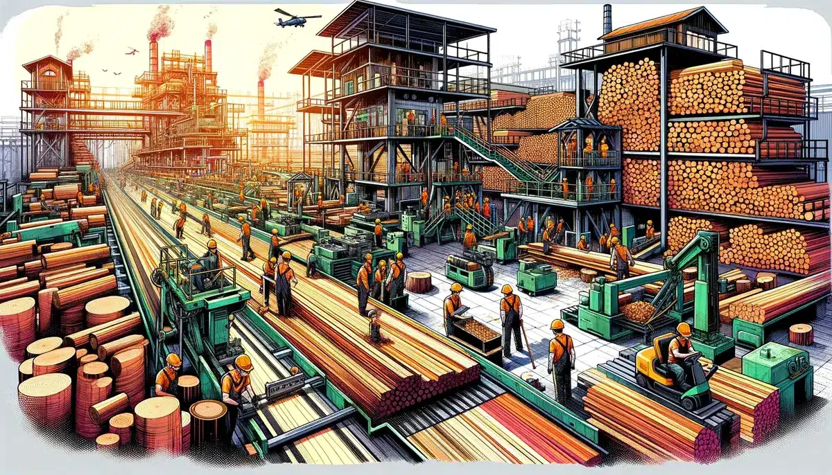 A bustling sawmill processing teak wood illustrating job creation rendered in a lively industrial art style. The scene is vibrant and full of activi.webp
