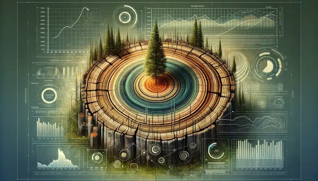 A chart made of tree rings showing business growth over time blending nature with analytics depicted in a unique conceptual art style. The image vi