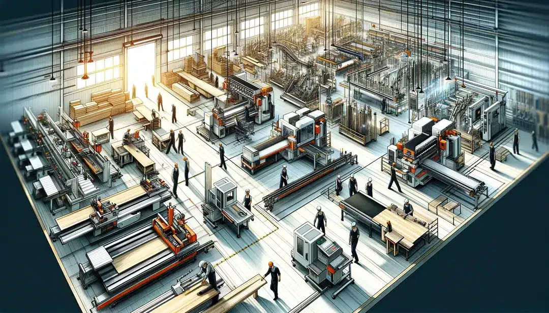 A dynamic woodworking shop floor with efficient machinery and workers in motion showcasing operational excellence depicted in a modern digital art s.webp