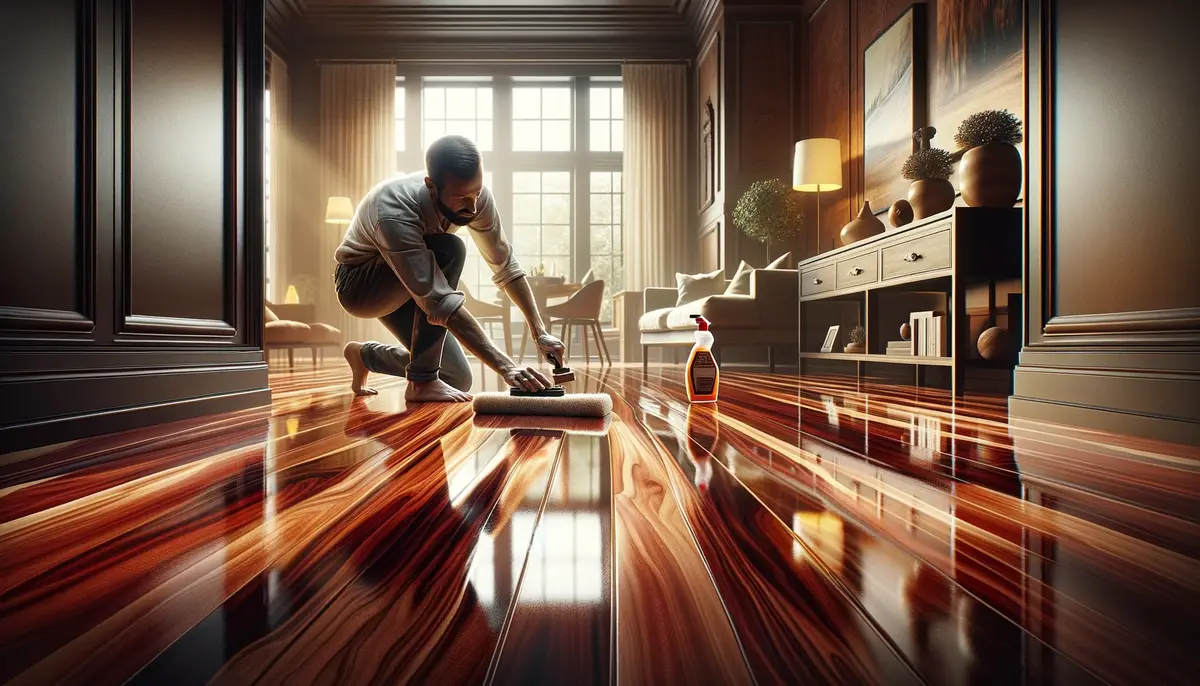 A homeowner is captured in the act of polishing a sapele wood floor which gleams under the light in a style reminiscent of home magazine photography.webp