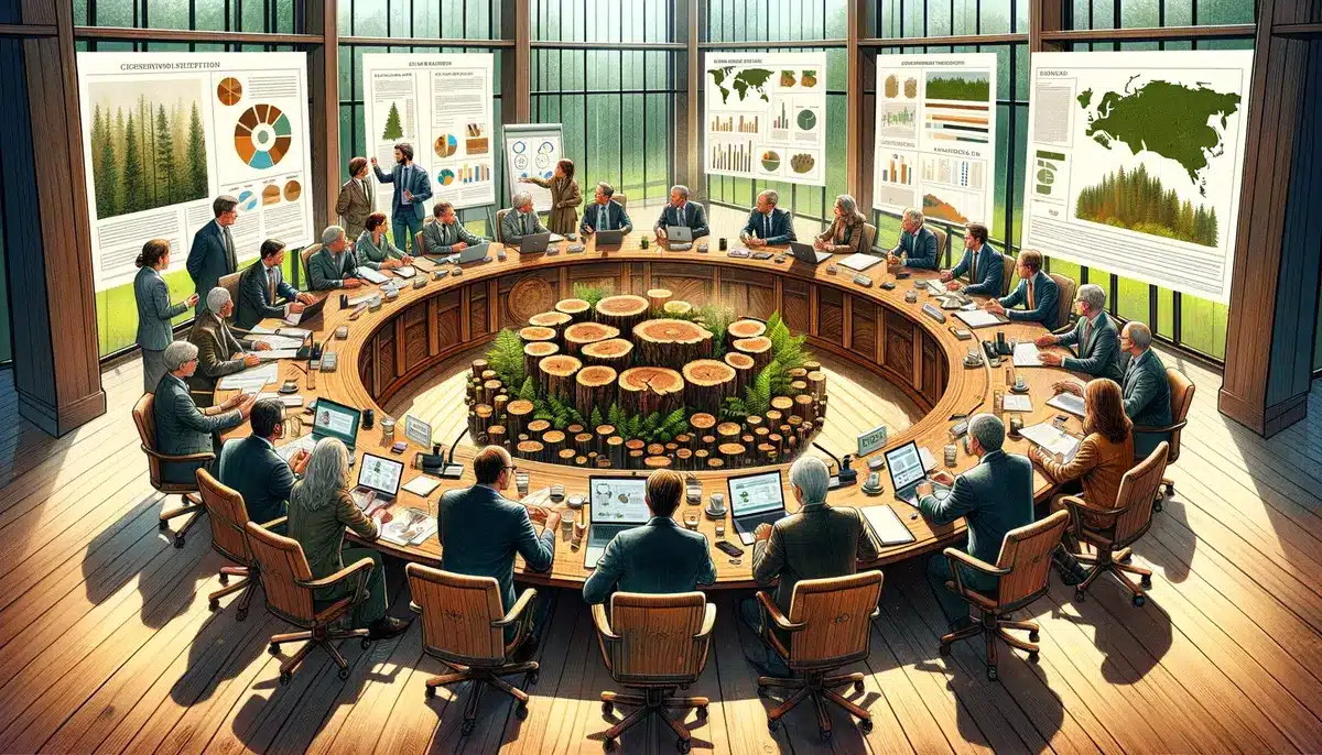 A meeting of forestry experts discussing teak conservation depicted in an engaging roundtable discussion style. The scene captures a group of profess
