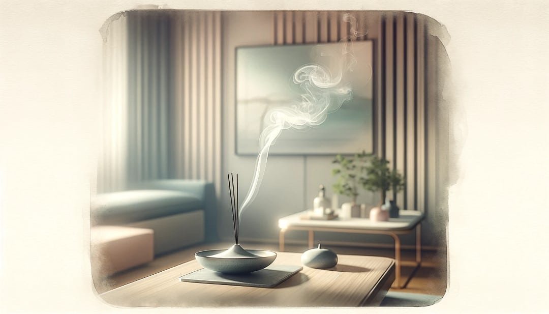 A minimalist incense burner elegantly designed with sleek simple lines is placed on a modern sleek table. The burner is actively emitting soft wi Custom