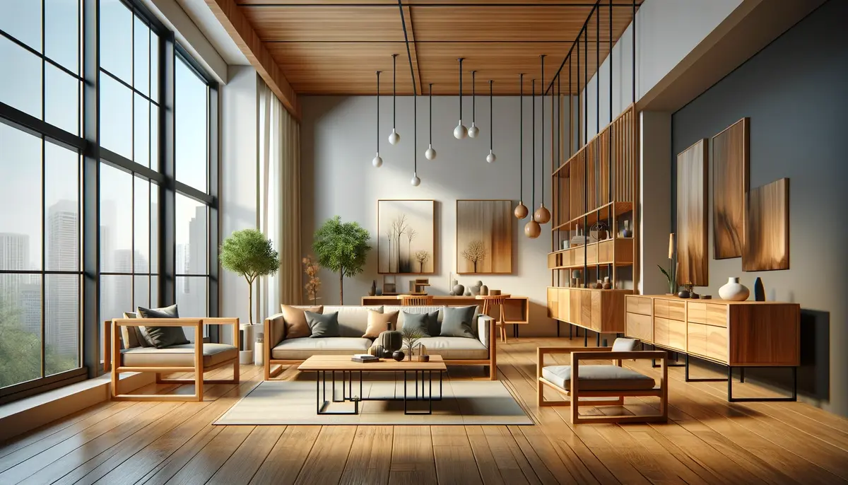 A modern home interior featuring teak wood furniture showcasing versatility rendered in a contemporary design style. The scene depicts a spacious an.webp