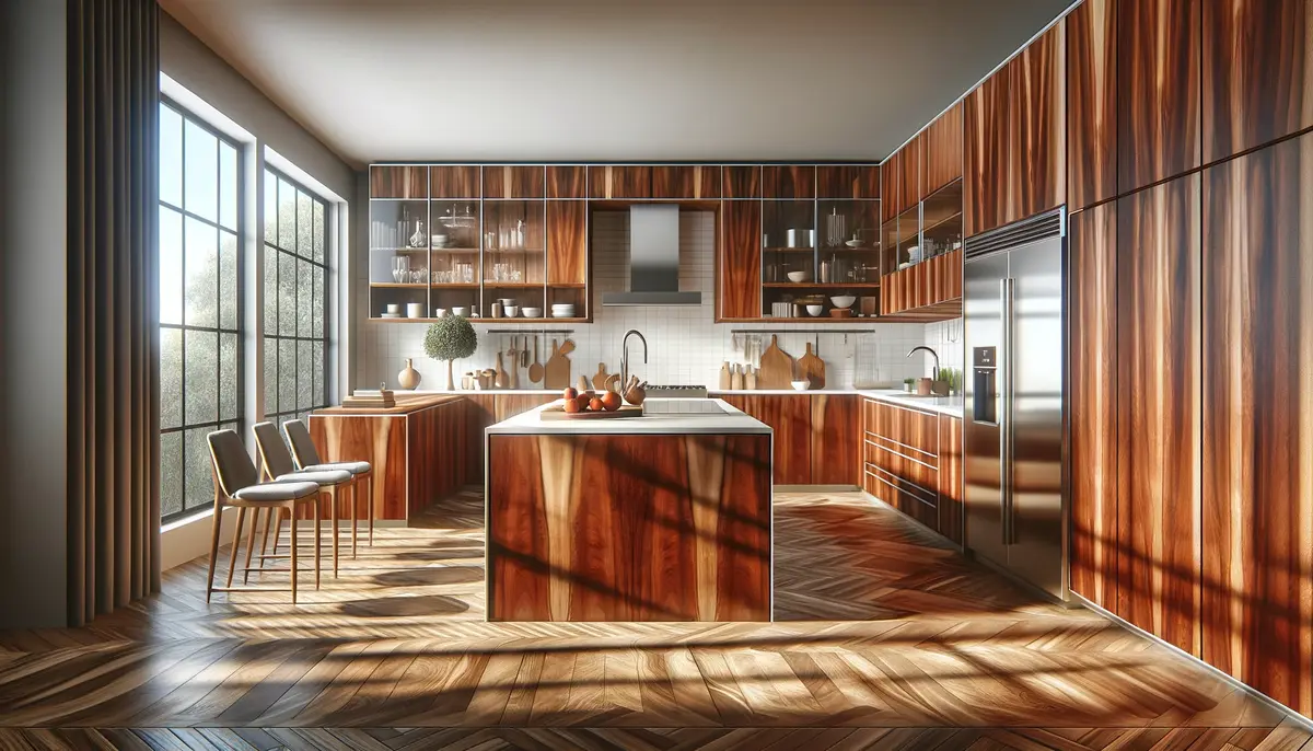 A modern kitchen is illustrated with sapele wood cabinets showcasing a sleek design in a contemporary art style. The scene features clean lines and