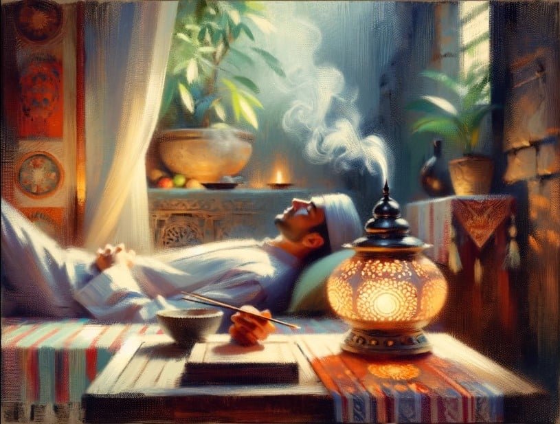 A serene and tranquil room setting capturing a person relaxing close to a softly glowing incense burner. The burner emits a gentle soothing smoke s Custom 1
