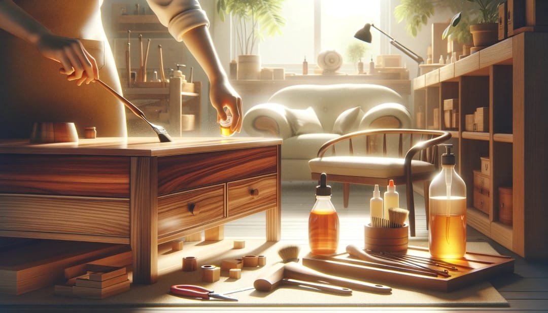A serene scene of a person carefully applying natural oil to a piece of Mahogany furniture with tools and care products displayed around. The setting Custom