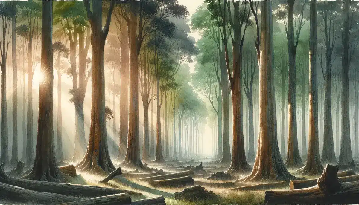 A serene teak forest at dawn capturing the essence of teak wood rendered in a tranquil watercolor style. The scene is imbued with the soft diffused.webp