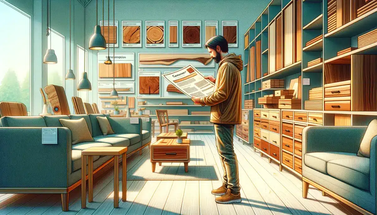 A shopper is depicted reviewing a sapele wood sample in a furniture store rendered in a consumer report style. The scene captures the moment the shop 1