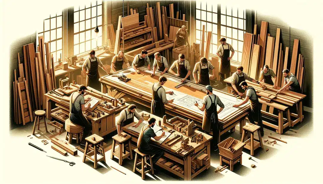 A team of woodworkers collaborating on a complex project illustrating effective workforce management depicted in a warm inviting art style. The sce.webp