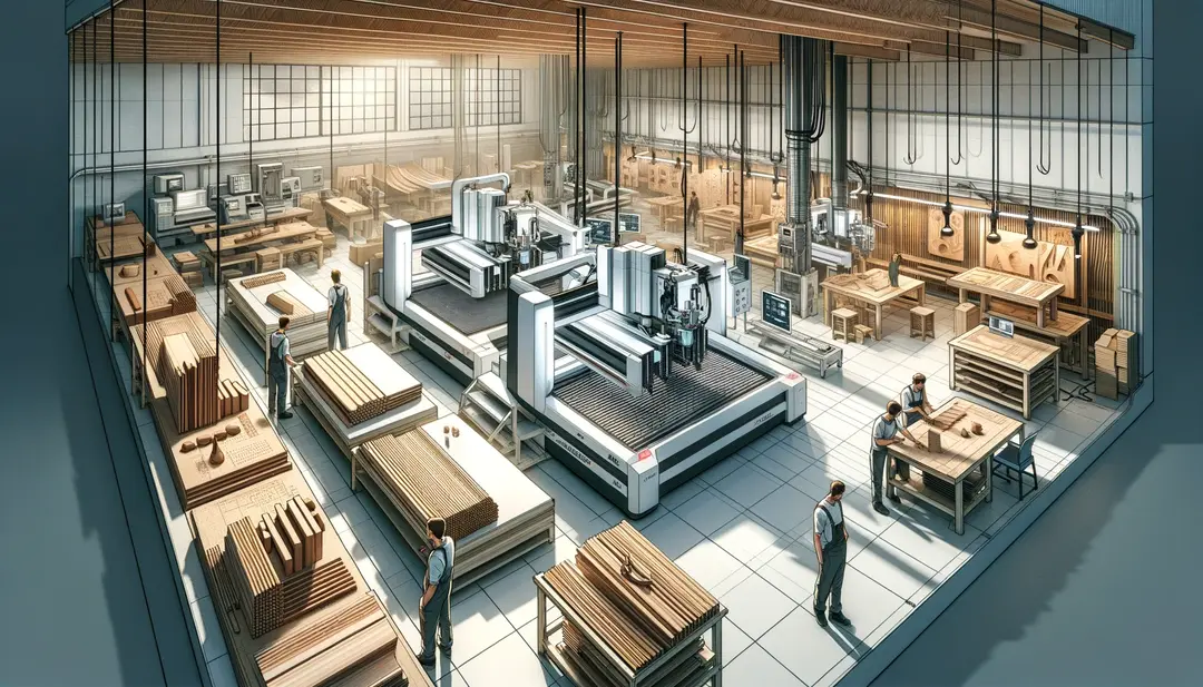 A woodworking shop utilizing advanced CNC machines embodying technological integration depicted in a sleek modern art style. The scene portrays a s.webp