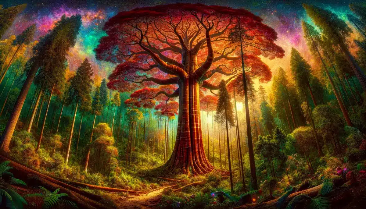 An artistic representation of a sapele tree in a forest highlighting its tall stature rendered in a surreal art style. The image depicts the sapele 1