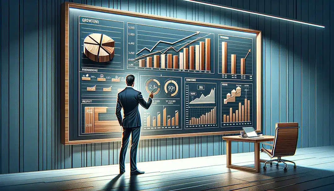 An entrepreneur reviewing financial charts with growth trends in a woodworking business depicted in a polished corporate art style. The scene shows .webp