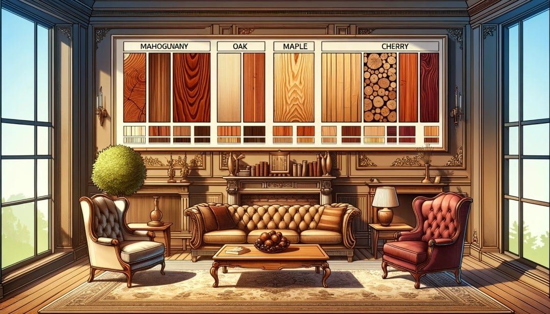 An illustration comparing Mahogany with other hardwoods like oak maple and cherry. Display the woods in a side by side format showing color grain Custom