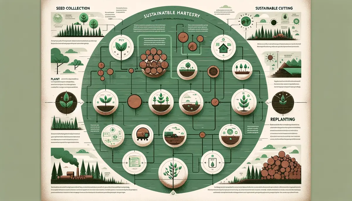 An infographic detailing the sustainable harvesting of sapele wood designed in an eco friendly style. The graphic features green icons representing t.webp