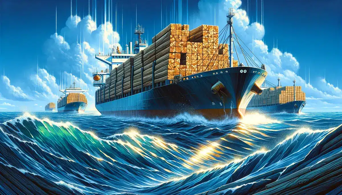 Cargo ships transporting teak wood across the blue ocean depicted in a dynamic nautical art style. The scene captures several large cargo ships thei.webp