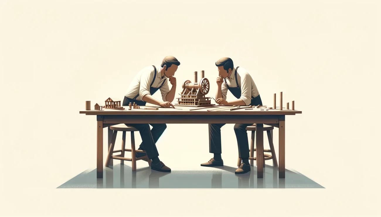 Craftsmen discussing over a wooden model setting the stage for business success depicted in a minimalist art style. The scene shows two craftsmen d