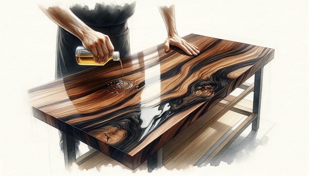 Create a realistic watercolor painting of a person carefully oiling a black walnut wood table showcasing the woods lustrous finish. The scene should Custom