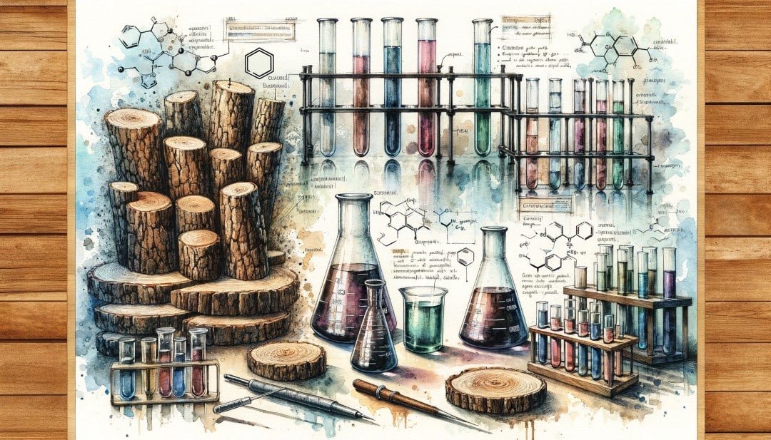 Create a watercolor depiction of a laboratory experiment testing the durability and resistance of black walnut wood against chemicals with detailed a Custom