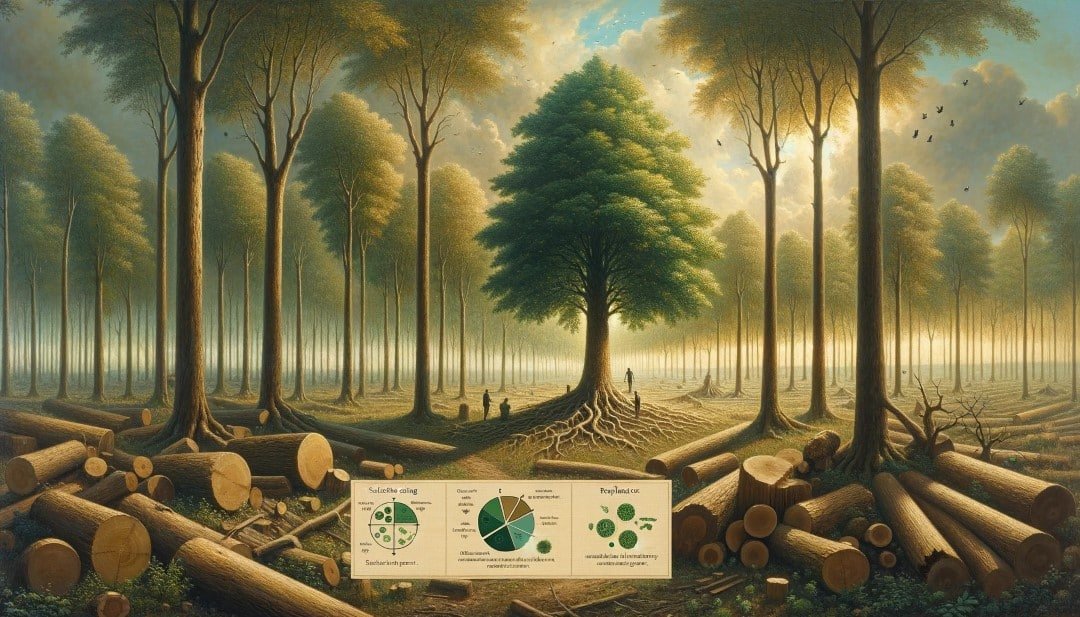 Create an earthy toned oil painting of a sustainable black walnut wood forest management scene showing the balance between use and conservation. The Custom