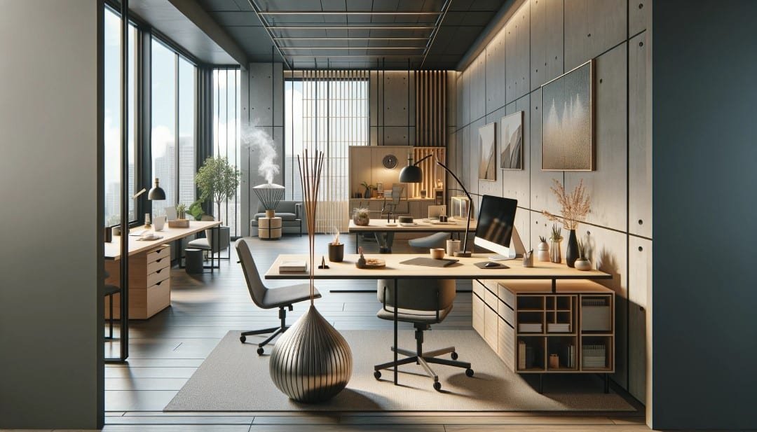Depict a modern office space that is both functional and stylish with a focus on a stylish incense burner that enhances the work ambiance. The office Custom