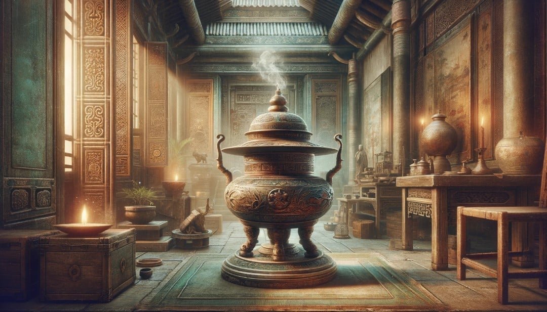 Depict an ancient incense burner situated in a historical setting showcasing its timeless appeal. The scene is rendered in a vintage art style evoki Custom