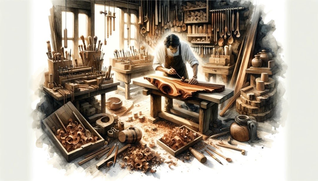 Illustrate an imaginative watercolor scene depicting a craftsman creating a bespoke piece of black walnut wood art surrounded by tools and wood shavi Custom