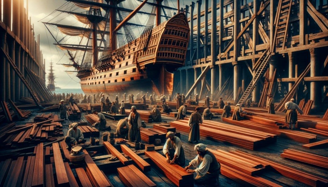 Imagine a bustling 18th century shipyard where workers are busily constructing a grand ship destined for transatlantic voyages. The focus is on the in Custom