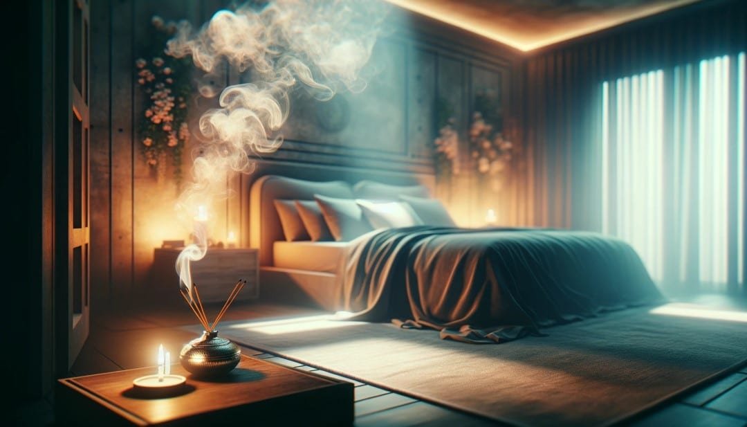 Imagine a dimly lit bedroom designed to enhance relaxation and sleep quality where gentle incense smoke wafts through the air contributing to the se Custom