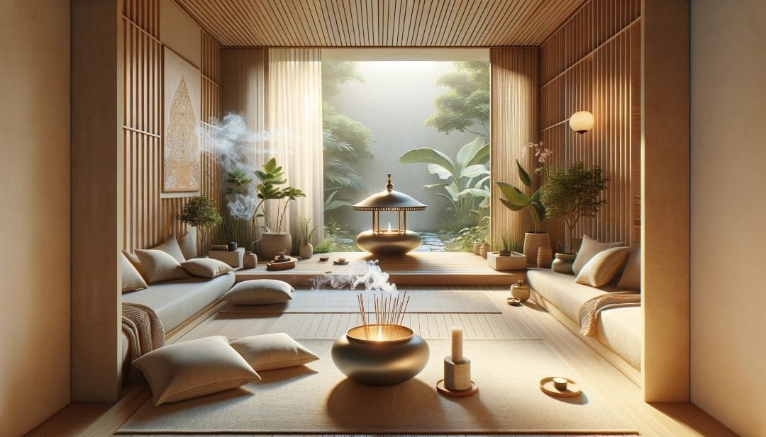 Visualize a personal sanctuary designed as a peaceful retreat where a calming incense burner adds to the serenity of the environment. This scene shou Custom