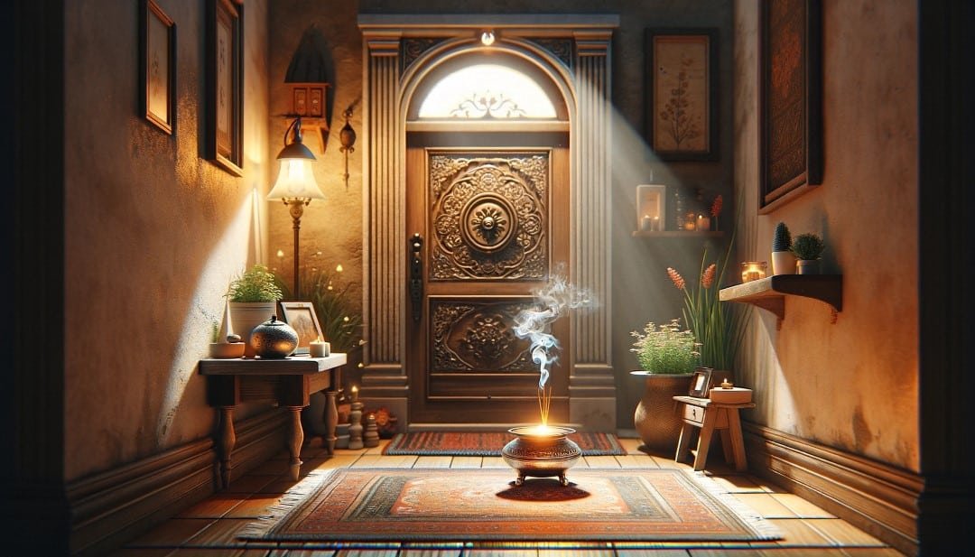 Visualize a welcoming home entrance that radiates inviting warmth centered around a fragrant incense burner. The scene is rendered in a cozy art styl Custom