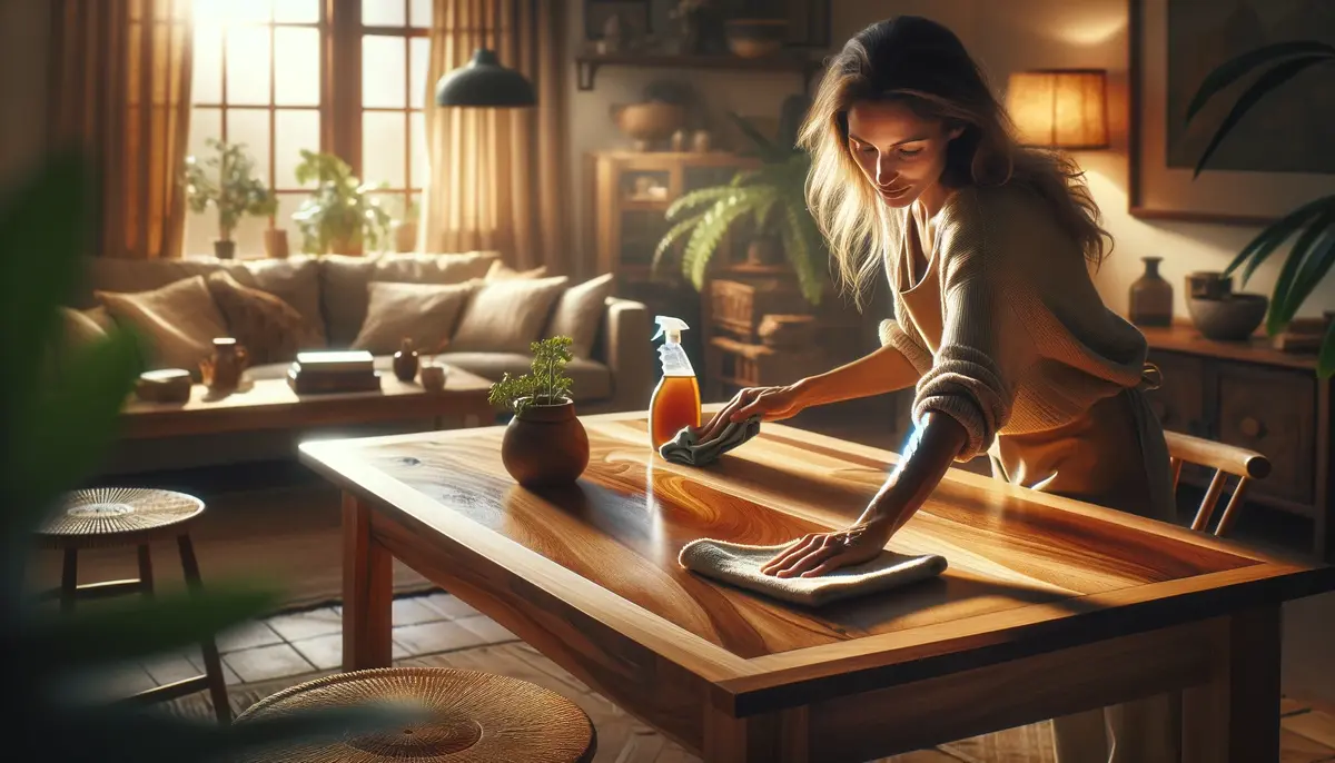 homeowner gently cleaning a teak wood table embodying care depicted in a warm inviting lifestyle photography style. The scene captures a moment o