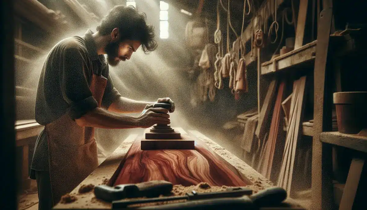 woodworker is captured in the midst of sanding a piece of sapele wood set within a dusty workshop environment. The image is rendered in a gritty do.webp