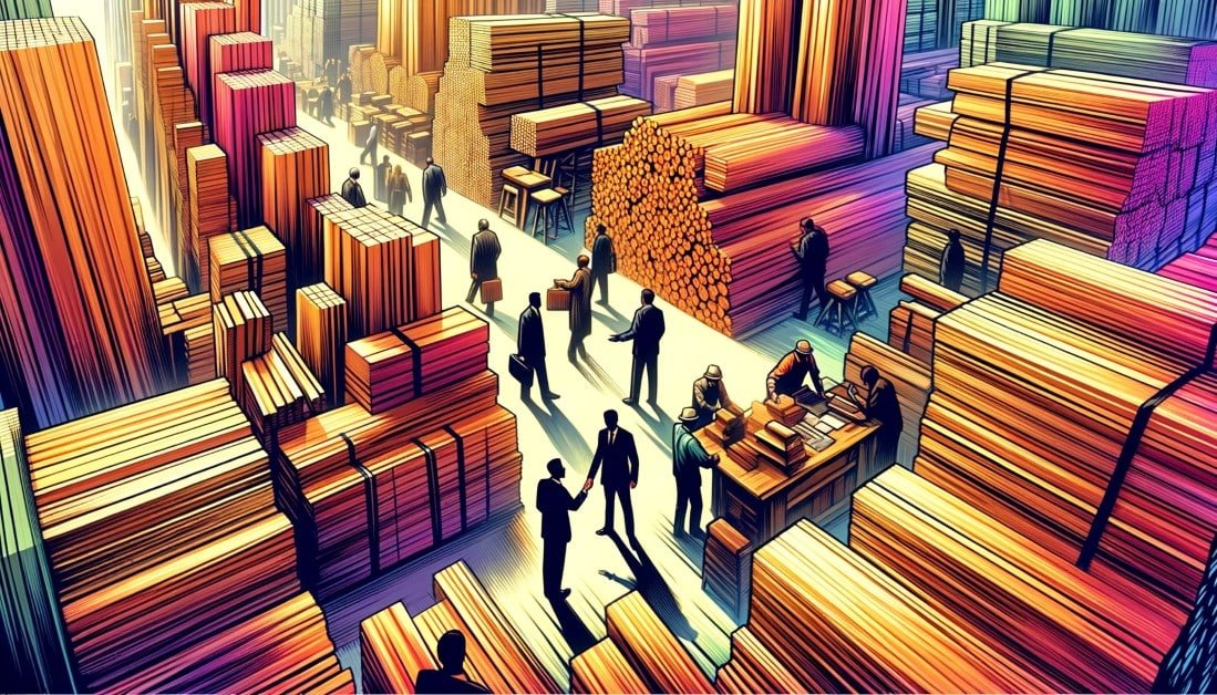 A bustling wood market with stacks of beech wood lumber on display with buyers and sellers in the midst of negotiation. The scene in wide format is Custom