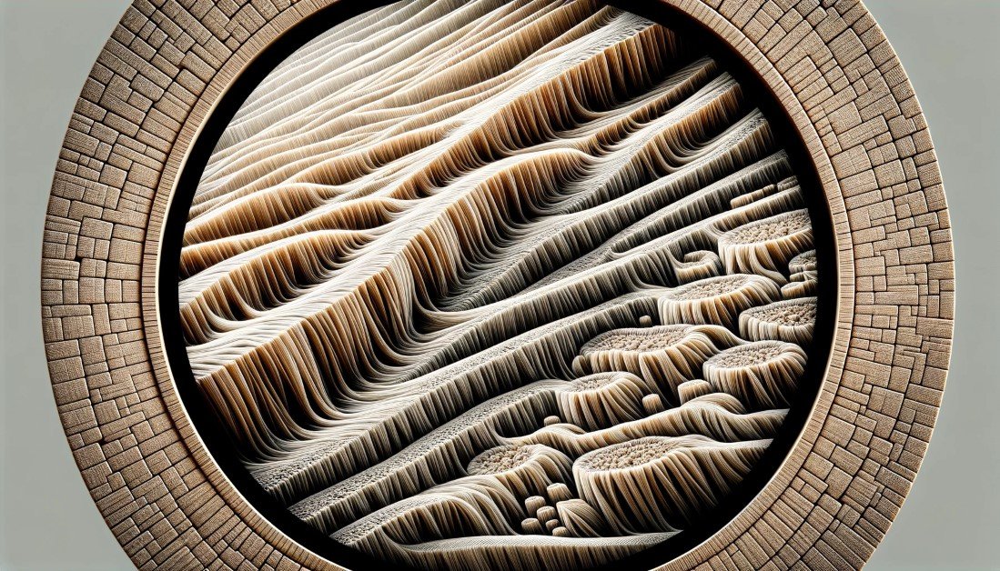 A close up detailed illustration of beech wood fibers under a microscope highlighting the intricate patterns and strength of the material. This wide Custom