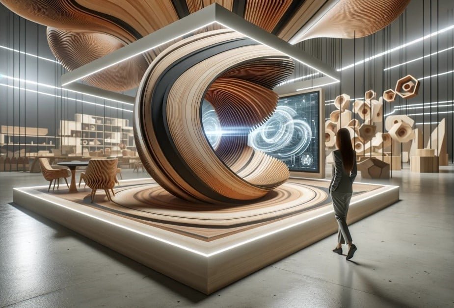 A futuristic furniture showroom featuring innovative beech wood designs blending technology with natural beauty. The wide format image is created in Custom