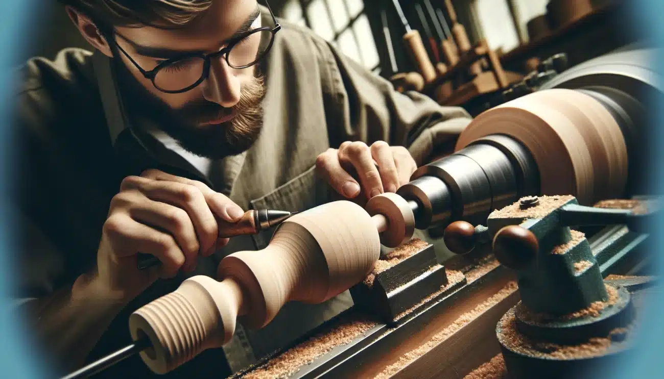 A master craftsman carefully shaping a piece of beech wood on a lathe with focus and precision. The image in wide format is captured in a detailed