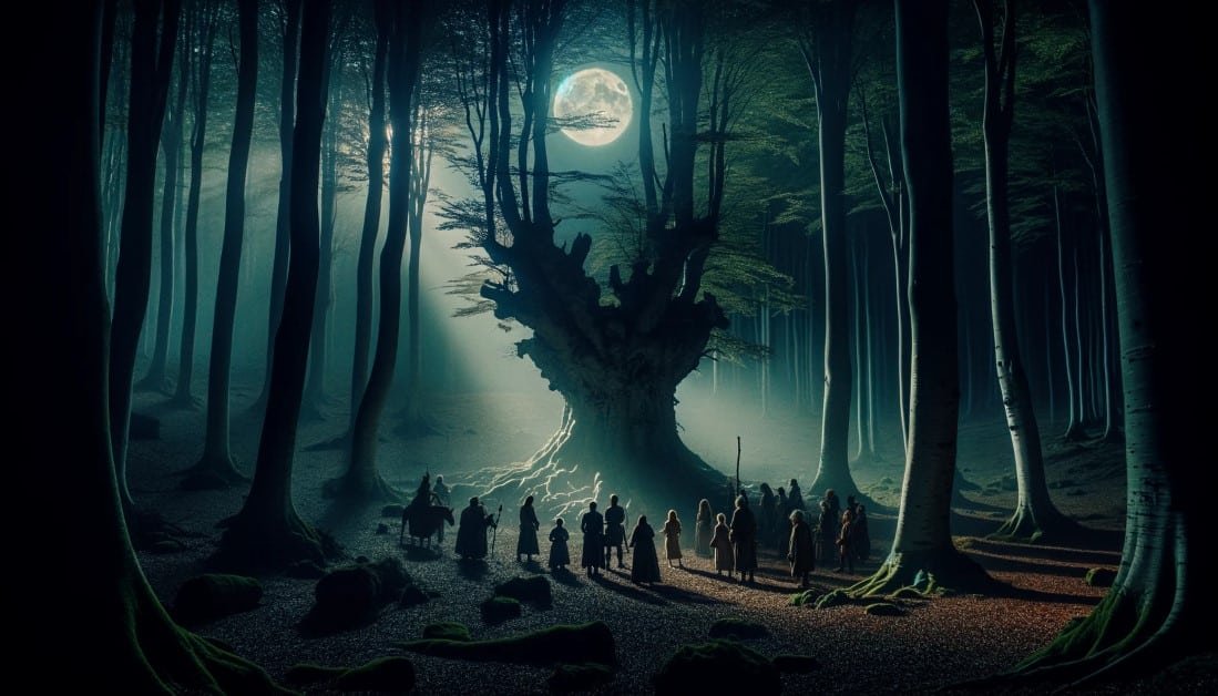 A mystical clearing in a beech forest with characters from folklore gathered around an ancient gnarled beech tree under the moonlight in 35mm film Custom
