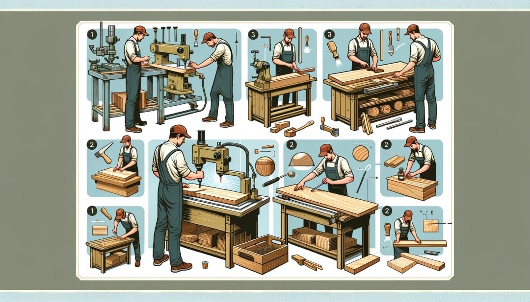 A step by step guide illustration on machining gluing and finishing ash wood featuring a craftsman in a workshop in a detailed educational style Custom