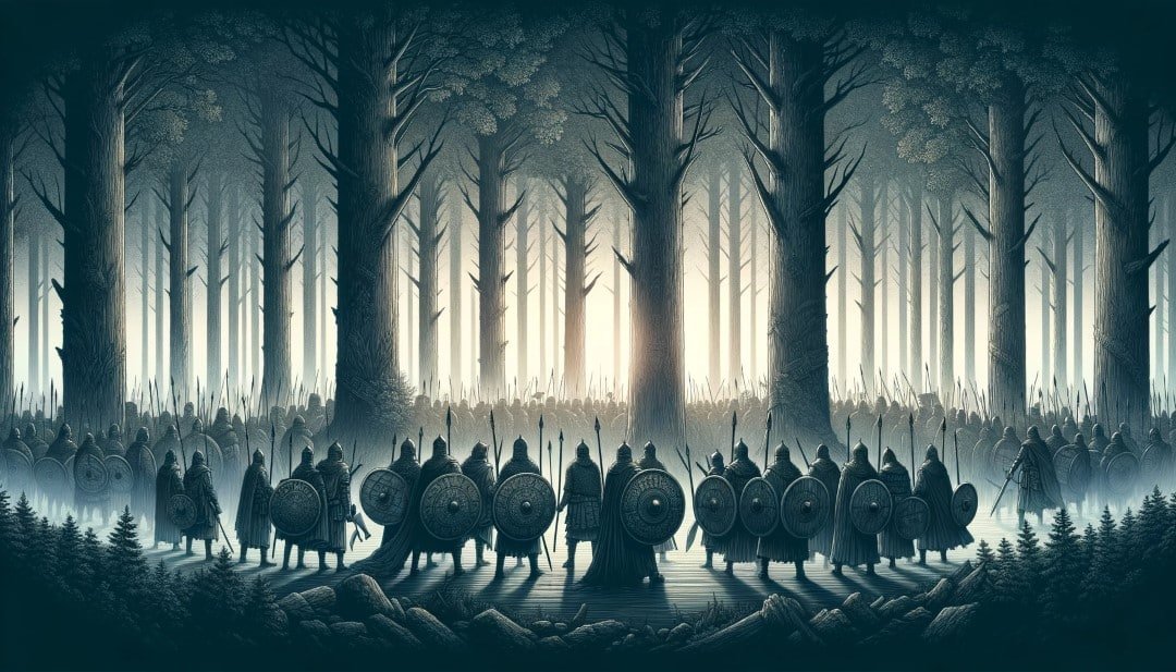 A wide atmospheric image depicting a group of ancient warriors in a dense forest their shields and weapons crafted from ash wood standing tall and Custom