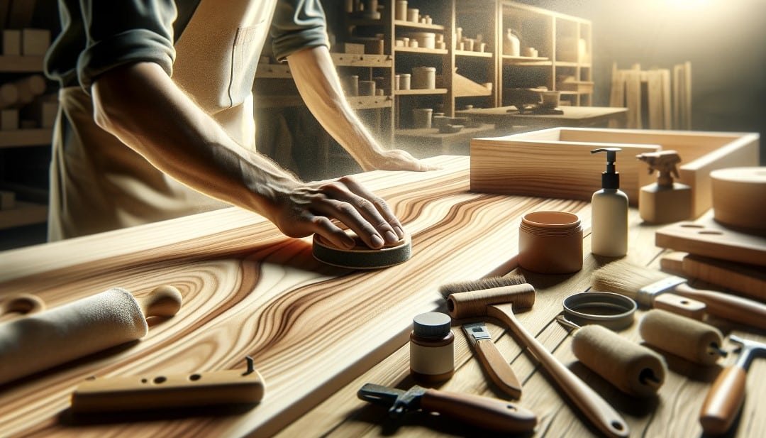 A wide detailed image showing a person gently sanding a piece of ash wood furniture in a well lit workshop surrounded by tools and wood care product Custom