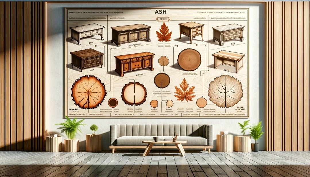 A wide informative image comparing ash wood to other hardwoods like oak maple and walnut. Each wood type is represented by a finely crafted piece o Custom