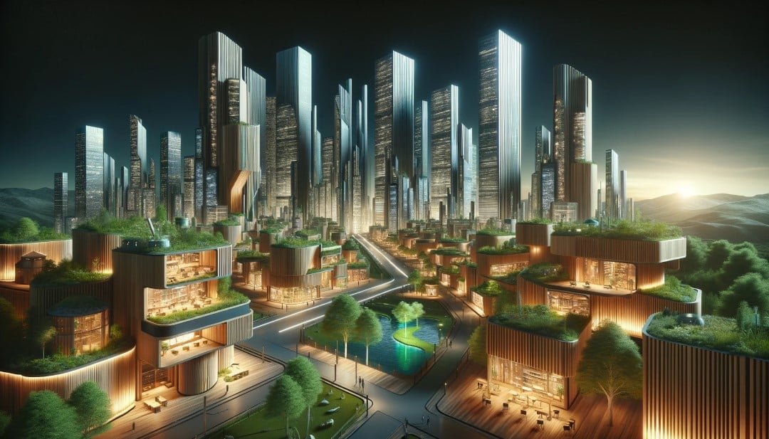 a futuristic cityscape where ash wood is integrated into modern architecture and design
